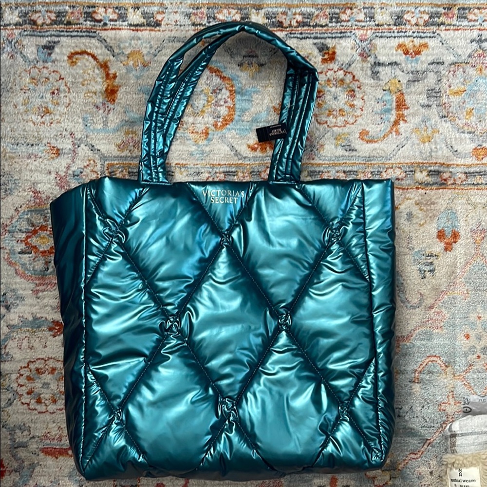 Victoria's Secret Teal Quilted Tote Bag with Metallic Finish